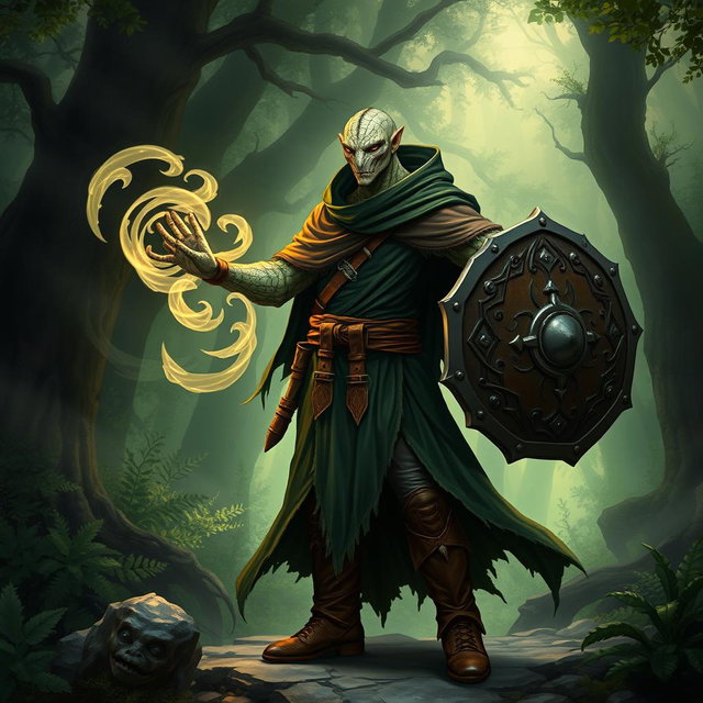 A yuan-ti male from Dungeons & Dragons, characterized by a bald head and a striking snake face adorned with shimmering snake scales