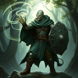 A yuan-ti male from Dungeons & Dragons, characterized by a bald head and a striking snake face adorned with shimmering snake scales