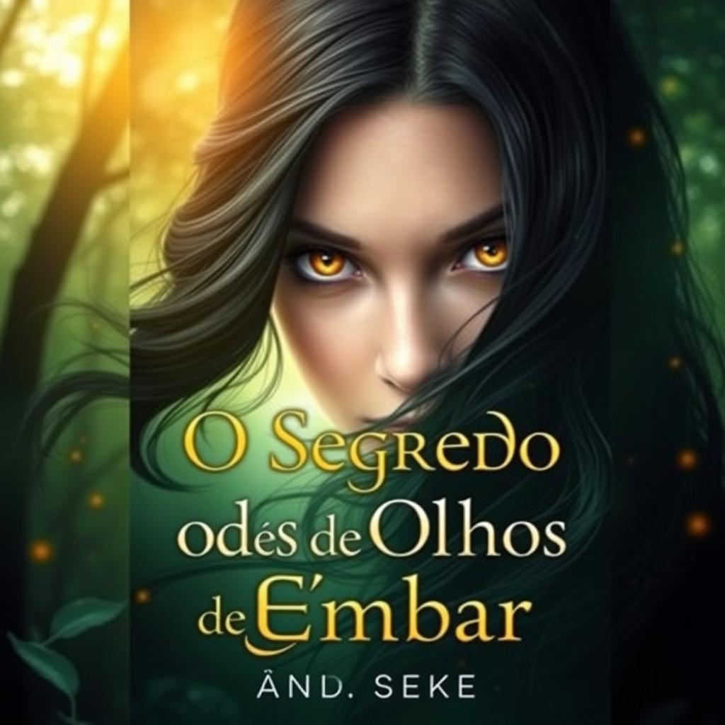 A stunning book cover for 'O Segredo dos Olhos de Âmbar'