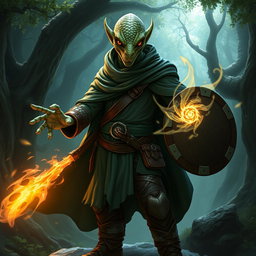 A yuan-ti male from Dungeons & Dragons, featuring a bald head adorned with a striking snake face and shimmering snake scale skin