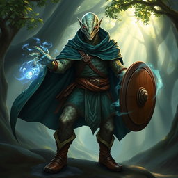 A yuan-ti male from Dungeons & Dragons, featuring a bald head adorned with a striking snake face and shimmering snake scale skin