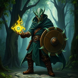 A yuan-ti male from Dungeons & Dragons, featuring a bald head adorned with a striking snake face and shimmering snake scale skin