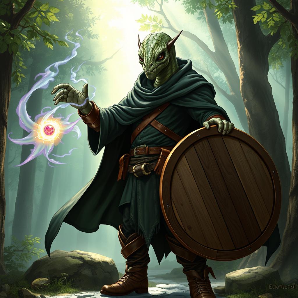 A yuan-ti male from Dungeons & Dragons, featuring a bald head adorned with a striking snake face and shimmering snake scale skin