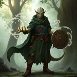 A yuan-ti male from Dungeons & Dragons, featuring a bald head with a distinctive lizard face devoid of ears, showcasing intricate snake scale skin