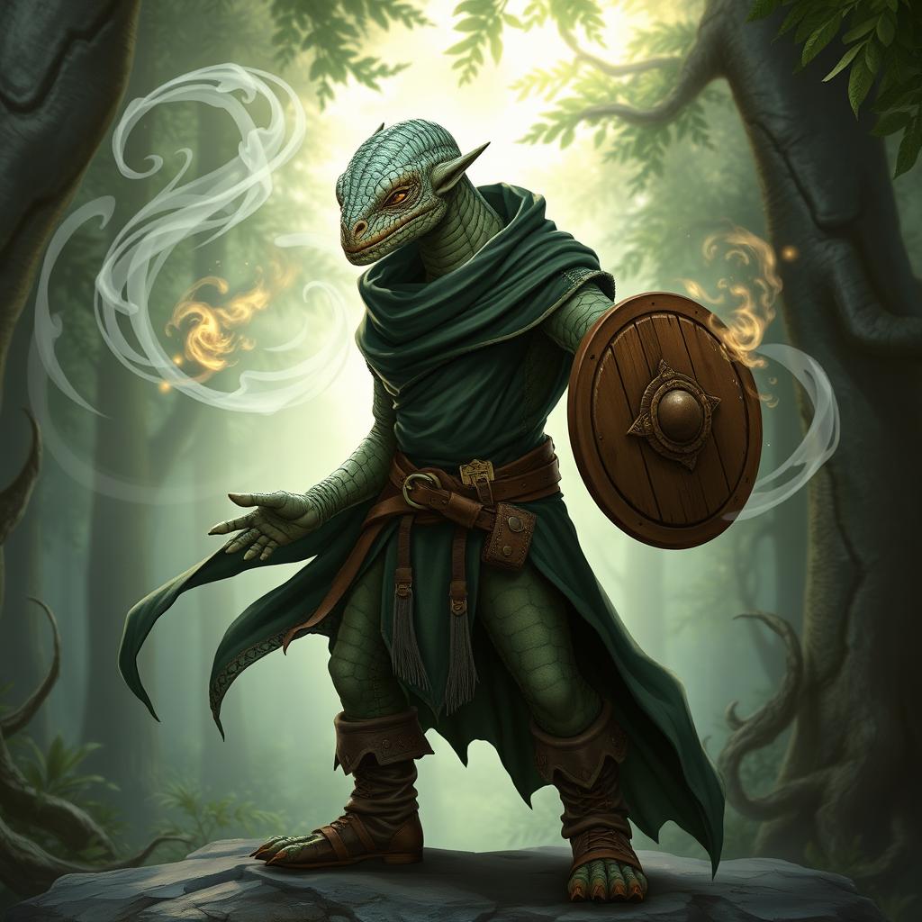 A yuan-ti male from Dungeons & Dragons, featuring a bald head with a distinctive lizard face devoid of ears, showcasing intricate snake scale skin