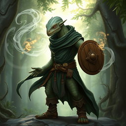 A yuan-ti male from Dungeons & Dragons, featuring a bald head with a distinctive lizard face devoid of ears, showcasing intricate snake scale skin