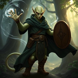 A yuan-ti male from Dungeons & Dragons, featuring a bald head with a distinctive lizard face devoid of ears, showcasing intricate snake scale skin