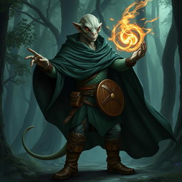 A yuan-ti male from Dungeons & Dragons, featuring a bald head with a pronounced lizard face and smooth snake scale skin, completely lacking ears