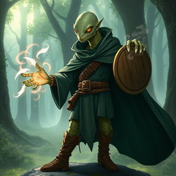 A yuan-ti male from Dungeons & Dragons, featuring a bald head with a pronounced lizard face and smooth snake scale skin, completely lacking ears