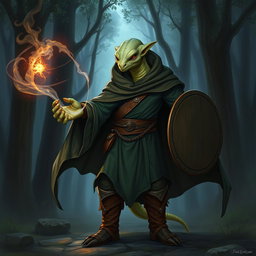 A yuan-ti male from Dungeons & Dragons, featuring a bald head with a pronounced lizard face and smooth snake scale skin, completely lacking ears