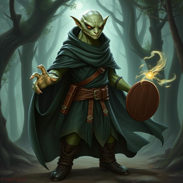 A yuan-ti male from Dungeons & Dragons, featuring a bald head with a pronounced lizard face and smooth snake scale skin, completely lacking ears
