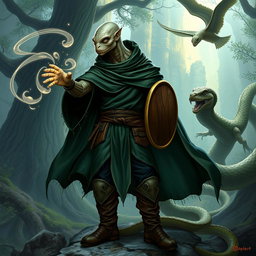 A yuan-ti male from Dungeons & Dragons, featuring a bald head with a distinct lizard face, smooth snake scale skin, and large, captivating snake-like eyes, absent of ears