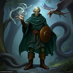 A yuan-ti male from Dungeons & Dragons, featuring a bald head with a distinct lizard face, smooth snake scale skin, and large, captivating snake-like eyes, absent of ears
