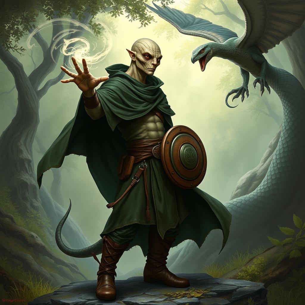A yuan-ti male from Dungeons & Dragons, featuring a bald head with a distinct lizard face, smooth snake scale skin, and large, captivating snake-like eyes, absent of ears