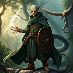 A yuan-ti male from Dungeons & Dragons, featuring a bald head with a distinct lizard face, smooth snake scale skin, and large, captivating snake-like eyes, absent of ears