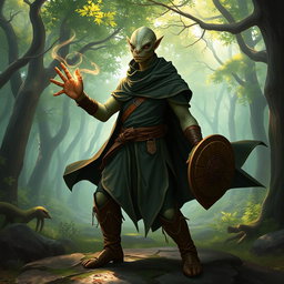 A yuan-ti male from Dungeons & Dragons, featuring a bald head with a striking lizard face, characterized by smooth snake scale skin and large, expressive snake eyes absent of ears