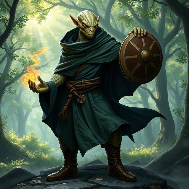 A yuan-ti male from Dungeons & Dragons, featuring a bald head with a striking lizard face, characterized by smooth snake scale skin and large, expressive snake eyes absent of ears