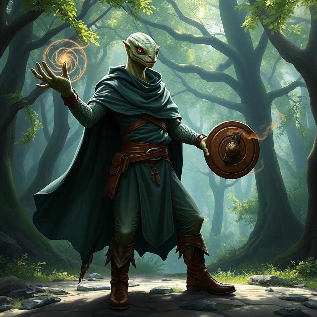 A yuan-ti male from Dungeons & Dragons, featuring a bald head with a striking lizard face, characterized by smooth snake scale skin and large, expressive snake eyes absent of ears