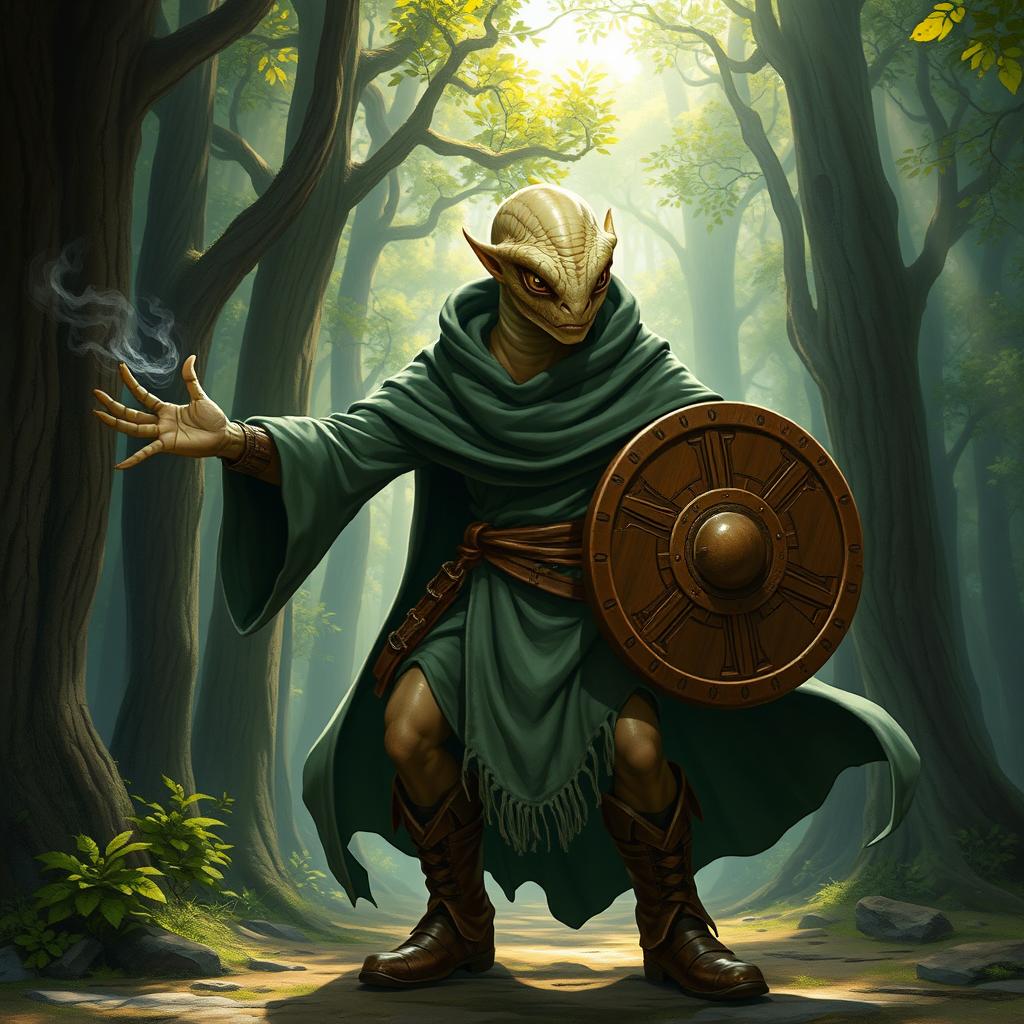 A yuan-ti male from Dungeons & Dragons, with a distinctive bald head and a snake-like yuan-ti face, showcasing smooth snake scale skin and pronounced features, completely devoid of ears