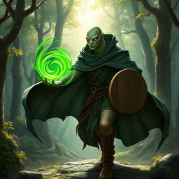 A yuan-ti male from Dungeons & Dragons, featuring a bald head and a distinct snake yuan-ti face, characterized by smooth snake scale skin and large, round snake eyes set in an intense expression, completely devoid of ears