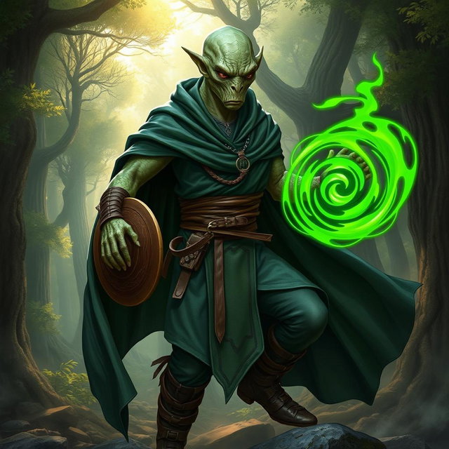 A yuan-ti male from Dungeons & Dragons, featuring a bald head and a distinct snake yuan-ti face, characterized by smooth snake scale skin and large, round snake eyes set in an intense expression, completely devoid of ears