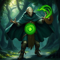 A yuan-ti male from Dungeons & Dragons, featuring a bald head and a distinct snake yuan-ti face, characterized by smooth snake scale skin and large, round snake eyes set in an intense expression, completely devoid of ears