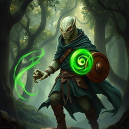 A yuan-ti male from Dungeons & Dragons, featuring a bald head and a distinct snake yuan-ti face, characterized by smooth snake scale skin and large, round snake eyes set in an intense expression, completely devoid of ears