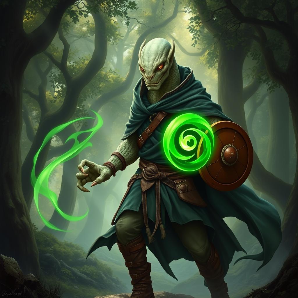 A yuan-ti male from Dungeons & Dragons, featuring a bald head and a distinct snake yuan-ti face, characterized by smooth snake scale skin and large, round snake eyes set in an intense expression, completely devoid of ears