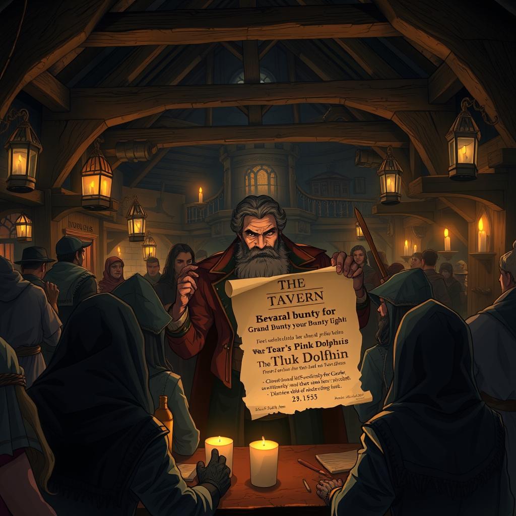 A dark and atmospheric medieval fantasy tavern filled with adventurers, bounty hunters, and merchants