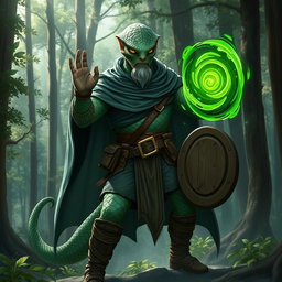 A yuan-ti male from Dungeons & Dragons, depicted as half man, half snake, featuring a distinct snake yuan-ti face with smooth snake scale skin, devoid of ears and adorned with a light beard