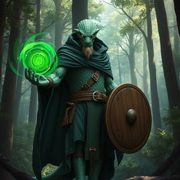 A yuan-ti male from Dungeons & Dragons, depicted as half man, half snake, featuring a distinct snake yuan-ti face with smooth snake scale skin, devoid of ears and adorned with a light beard