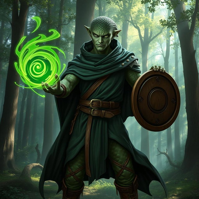 A yuan-ti male from Dungeons & Dragons, depicted as half man, half snake, featuring a distinct snake yuan-ti face with smooth snake scale skin, devoid of ears and adorned with a light beard