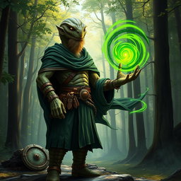 A yuan-ti male from Dungeons & Dragons, depicted as half man, half snake, featuring a distinct snake yuan-ti face with smooth snake scale skin, devoid of ears and adorned with a light beard