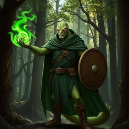 A yuan-ti male from Dungeons & Dragons, depicted as a half man, half snake, featuring a snake yuan-ti face with smooth snake scale skin, completely devoid of ears and adorned with a light beard