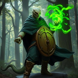 A yuan-ti male from Dungeons & Dragons, depicted as a half man, half snake, featuring a snake yuan-ti face with smooth snake scale skin, completely devoid of ears and adorned with a light beard