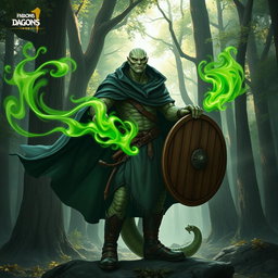 A yuan-ti male from Dungeons & Dragons, depicted as a half man, half snake, featuring a snake yuan-ti face with smooth snake scale skin, completely devoid of ears and adorned with a light beard