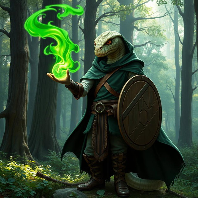 A yuan-ti male from Dungeons & Dragons, depicted as a half man, half snake, featuring a snake yuan-ti face with smooth snake scale skin, completely devoid of ears and adorned with a light beard
