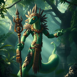 A majestic Yuan-Ti, a snake-like humanoid with vibrant green and gold scales, wearing intricate tribal armor adorned with feathers and ceremonial jewelry