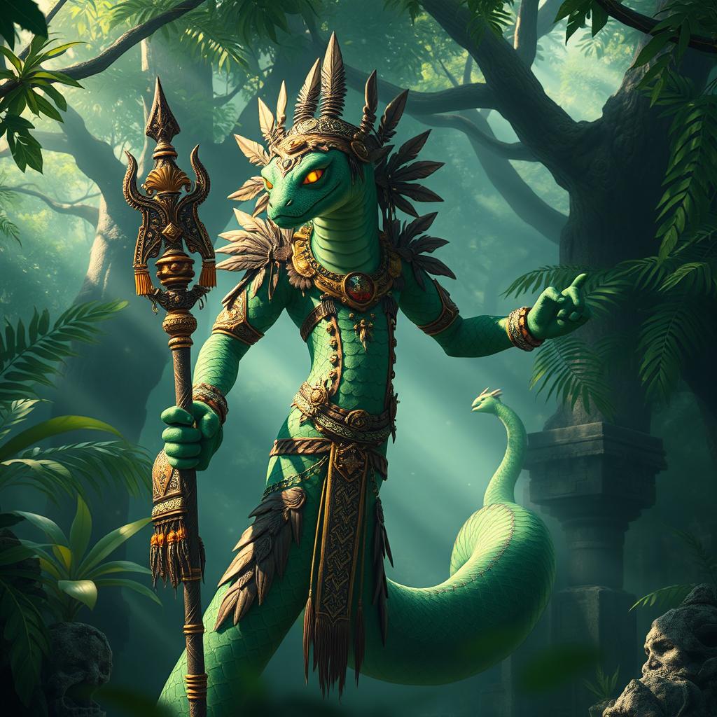 A majestic Yuan-Ti, a snake-like humanoid with vibrant green and gold scales, wearing intricate tribal armor adorned with feathers and ceremonial jewelry