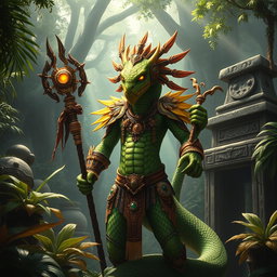 A majestic Yuan-Ti, a snake-like humanoid with vibrant green and gold scales, wearing intricate tribal armor adorned with feathers and ceremonial jewelry