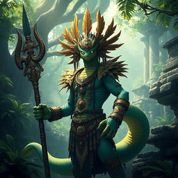 A majestic Yuan-Ti, a snake-like humanoid with vibrant green and gold scales, wearing intricate tribal armor adorned with feathers and ceremonial jewelry