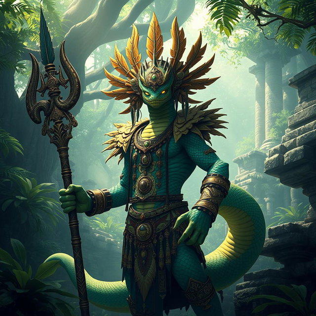 A majestic Yuan-Ti, a snake-like humanoid with vibrant green and gold scales, wearing intricate tribal armor adorned with feathers and ceremonial jewelry