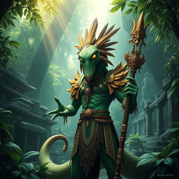A majestic Yuan-Ti, a snake-like humanoid with vibrant green and gold scales, wearing intricate tribal armor adorned with feathers and ceremonial jewelry