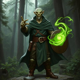 A yuan-ti male from Dungeons & Dragons, depicted as half man, half snake, with a snake yuan-ti face featuring smooth snake scale skin, completely lacking ears and sporting a light beard