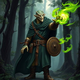 A yuan-ti male from Dungeons & Dragons, depicted as half man, half snake, with a snake yuan-ti face featuring smooth snake scale skin, completely lacking ears and sporting a light beard