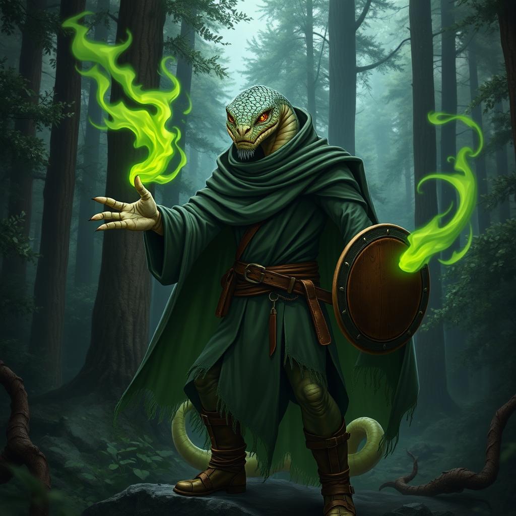 A yuan-ti male from Dungeons & Dragons, depicted as half man, half snake, with a snake yuan-ti face featuring smooth snake scale skin, completely lacking ears and sporting a light beard