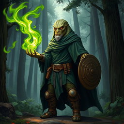 A yuan-ti male from Dungeons & Dragons, depicted as half man, half snake, with a snake yuan-ti face featuring smooth snake scale skin, completely lacking ears and sporting a light beard