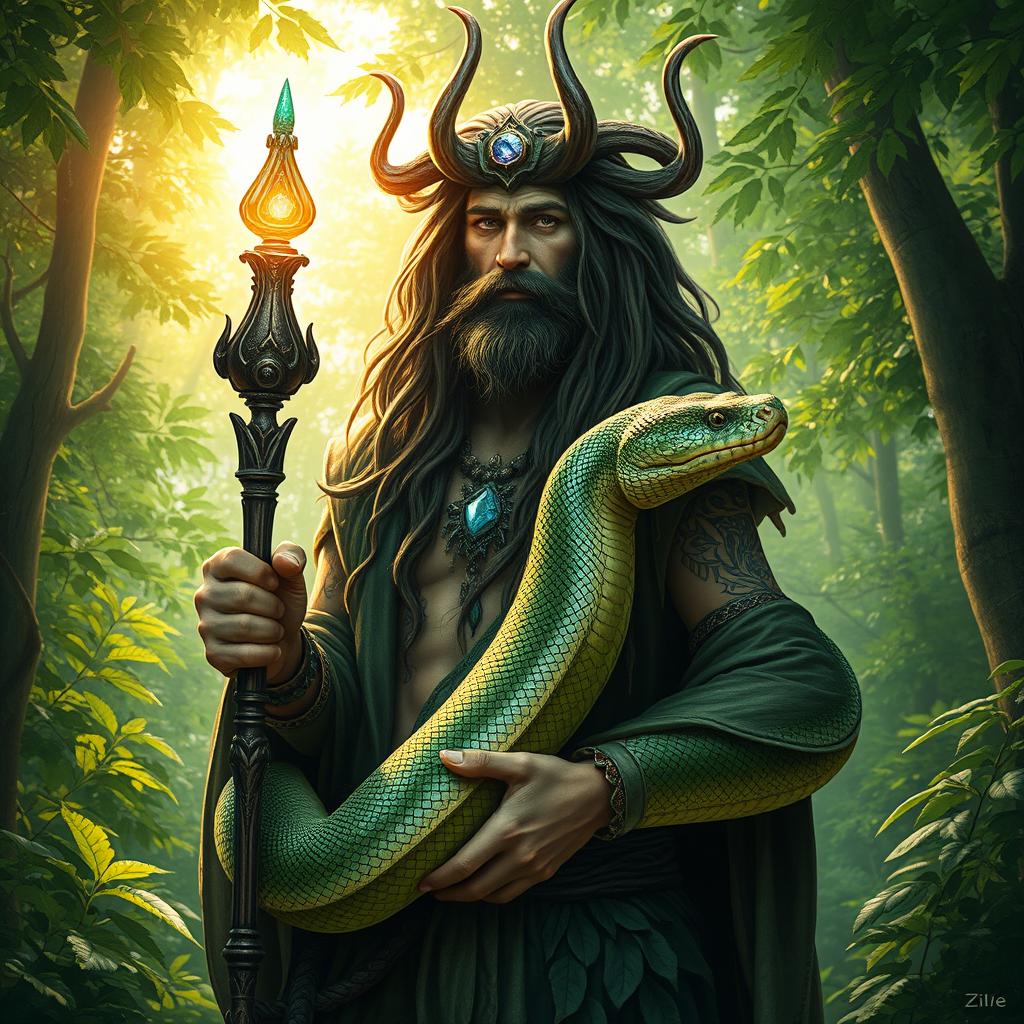 A mystical druid surrounded by vibrant green forest, with an aura of magic emanating from them