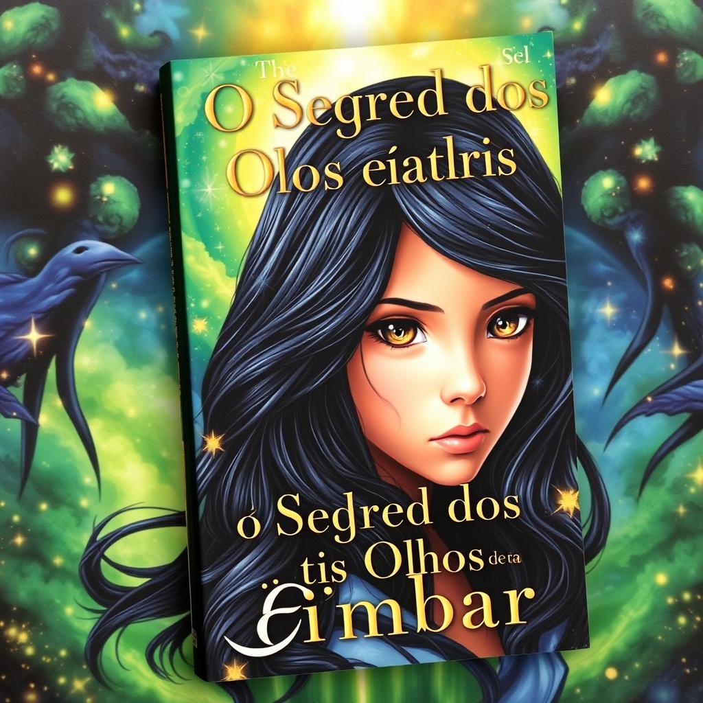 A stunning book cover featuring a young female character with long, wavy black hair, radiant and captivating