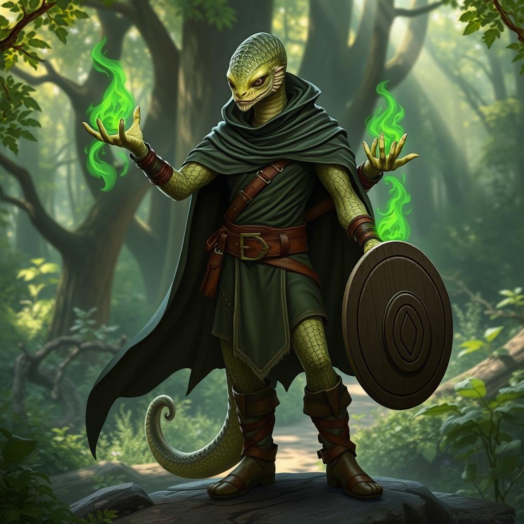 A half human, half snake man character with fine pale green scales, showcasing a distinctive snake yuan-ti face with large round snake-like eyes